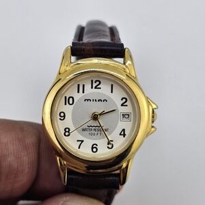 Milan Analog Women's Watch 25MM Gold Dial Date Brown Leather Bands New Battery
